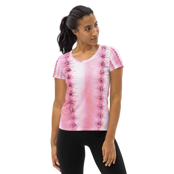 Pale Pink Cactus Graphic on All-Over Print Women's Athletic T-shirt